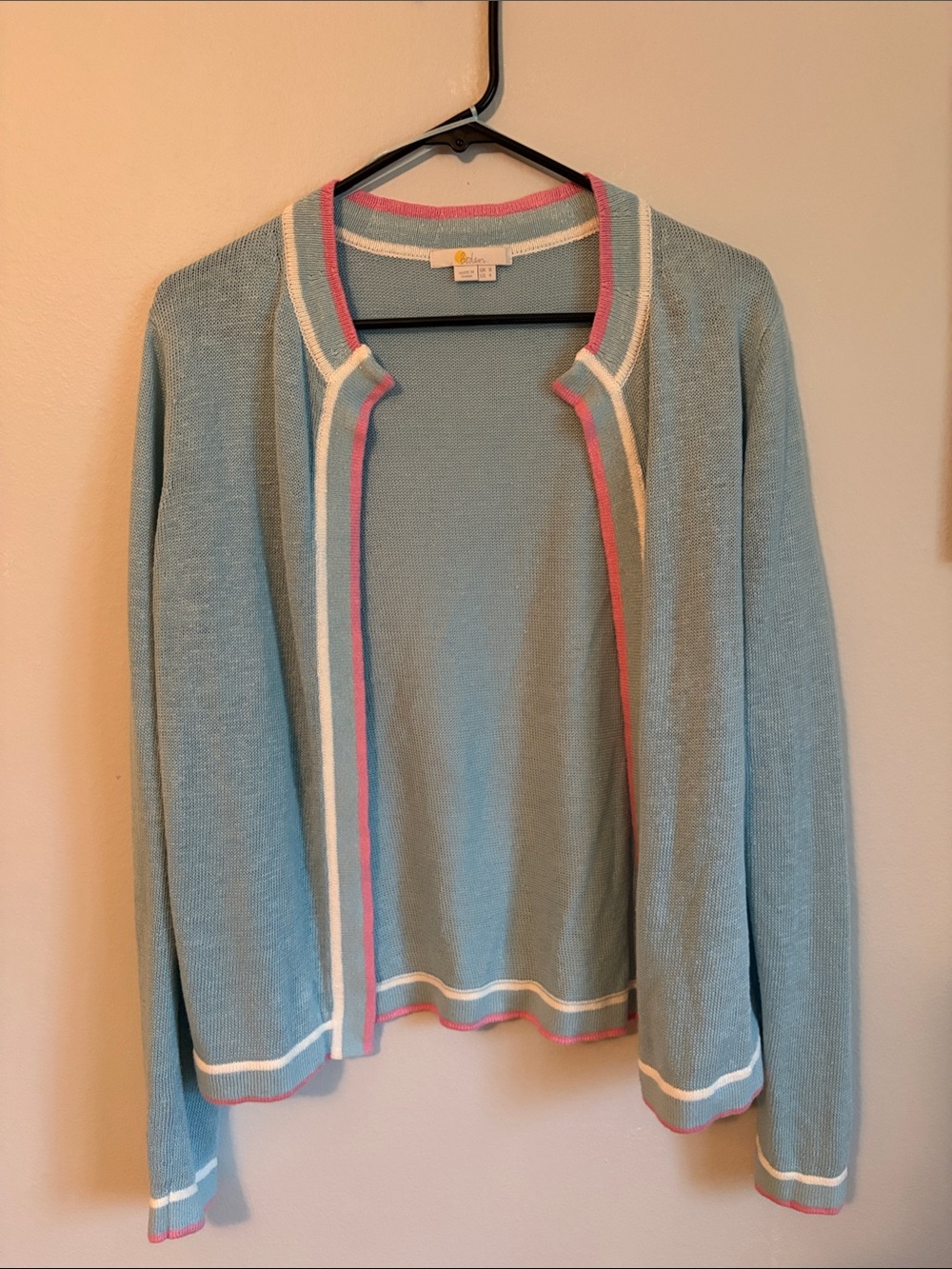 Boden Light Blue Open-Front Cardigan with Pink & White Trim